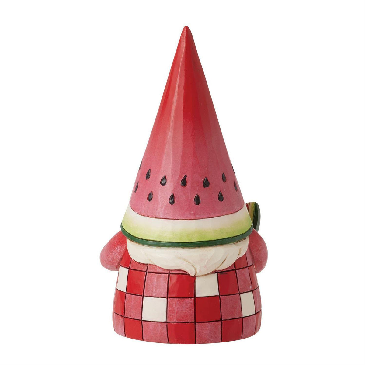 A ceramic garden gnome styled like a watermelon slice, featuring a red and pink pointed hat with black seeds, a green rind, a cream beard, and a red-and-white checkered body, shown on a plain white background.