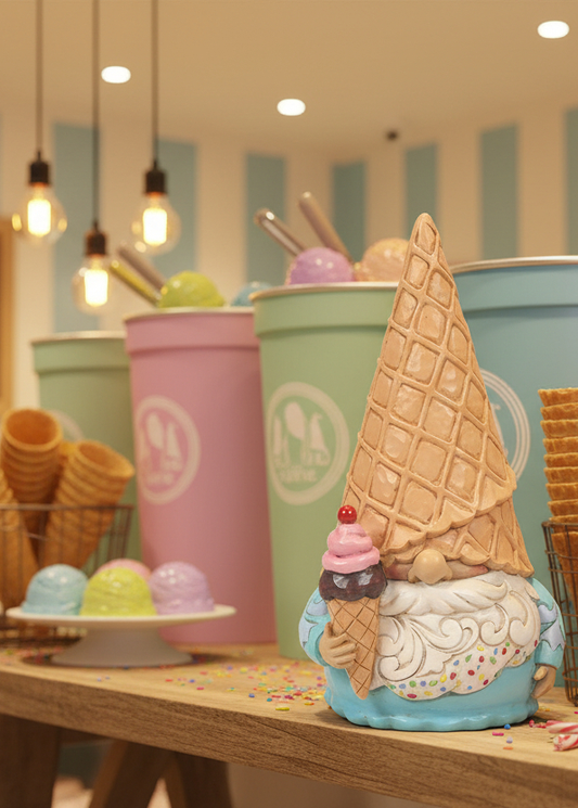 A colorful ice cream-themed display on a wooden table inside a shop, featuring pastel ice cream cups, waffle cones, ice cream cones, and a gnome figurine dressed in a blue apron with an ice cream cone on its head. A chalkboard in the background reads 'Sweet Dreams Ice Cream Parlor'.