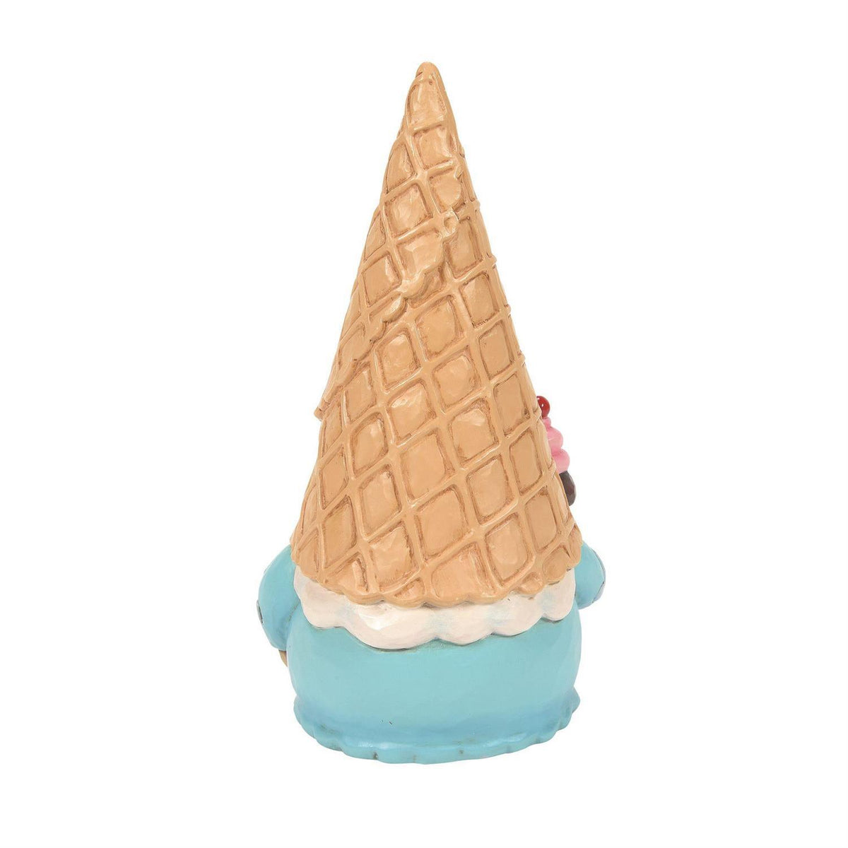 An ice cream cone gnome figurine with a tan waffle-cone hat, white cream band, and light blue body, shown against a plain white background.