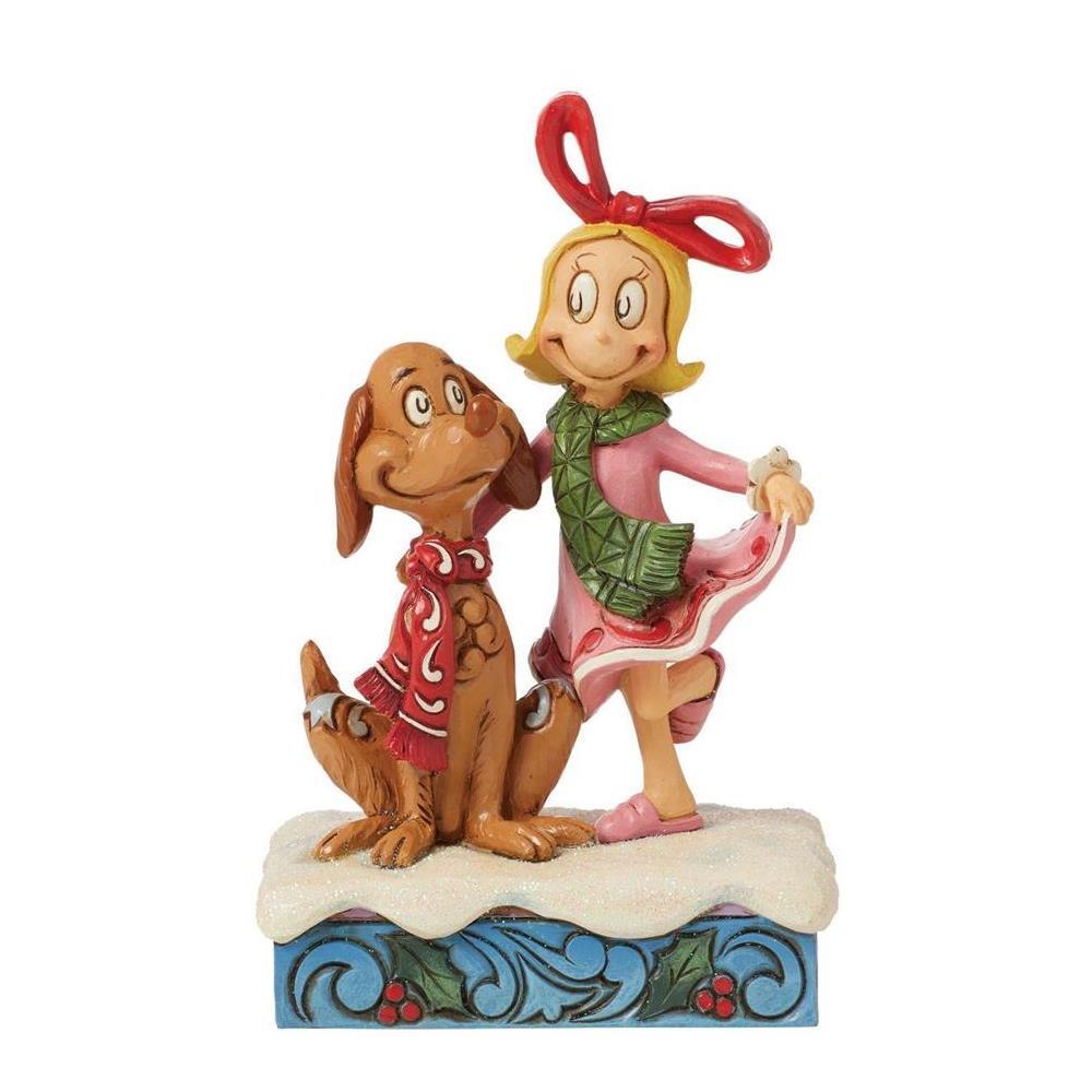 This sweet creation by Jim Shore features Cindy Lou lovingly patting Max the dog. With sweet smiles, the pair might just inspire The Grinch's heart to grow! They wear rosemale details and festive scarves as they sit together in the snow.