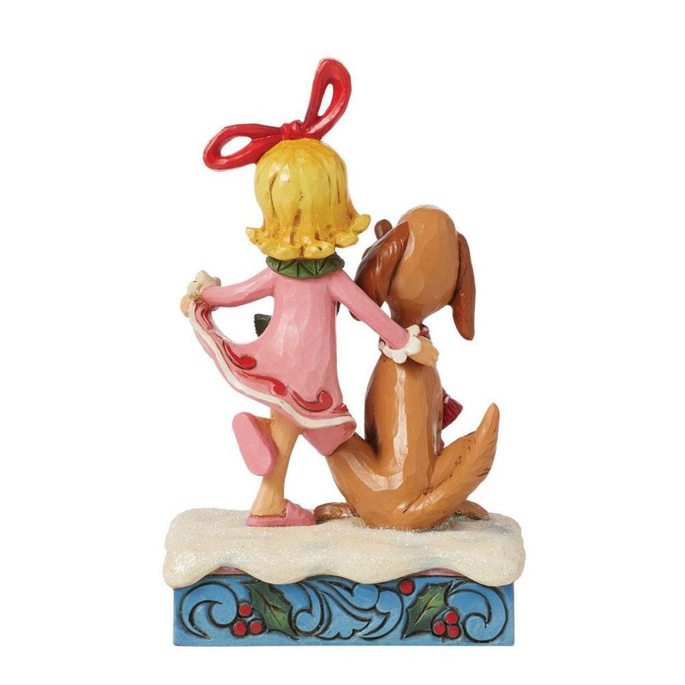 This sweet creation by Jim Shore features Cindy Lou lovingly patting Max the dog. With sweet smiles, the pair might just inspire The Grinch's heart to grow! They wear rosemale details and festive scarves as they sit together in the snow.