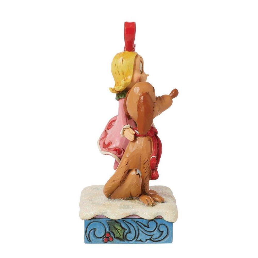 This sweet creation by Jim Shore features Cindy Lou lovingly patting Max the dog. With sweet smiles, the pair might just inspire The Grinch's heart to grow! They wear rosemale details and festive scarves as they sit together in the snow.