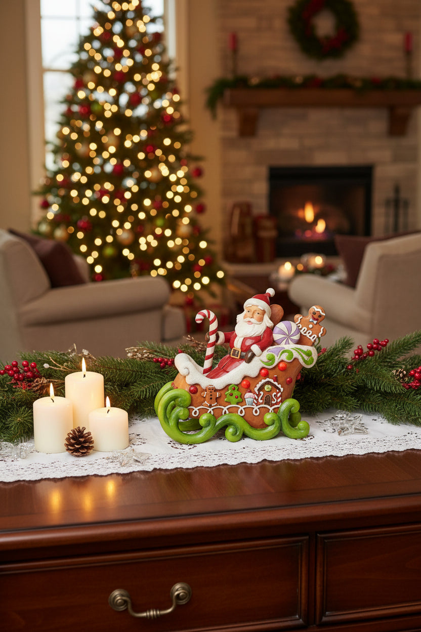 A festive Christmas ornament depicting Santa Claus riding in a gingerbread-themed sleigh, holding a candy cane, with a gingerbread man and assorted holiday decorations, on a plain white background.