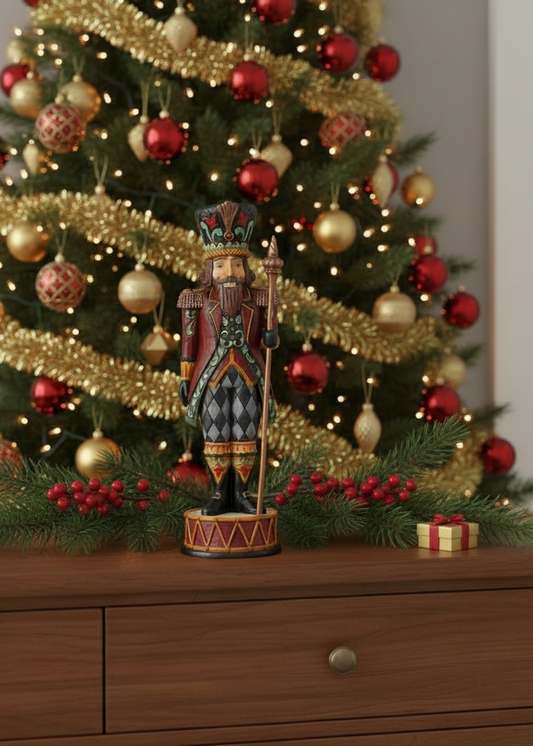 A decorative Christmas nutcracker figurine stands on a wooden cabinet in front of a lit Christmas tree with gold tinsel, red and gold ornaments, green garland, and small red berries.