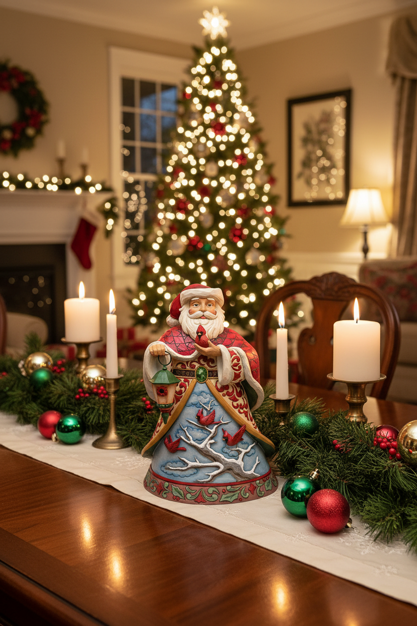 A Santa Claus figurine wearing a blue coat and red hat sits on a decorated holiday table runner, with a lit Christmas tree, candles, garland, and ornaments in the background.