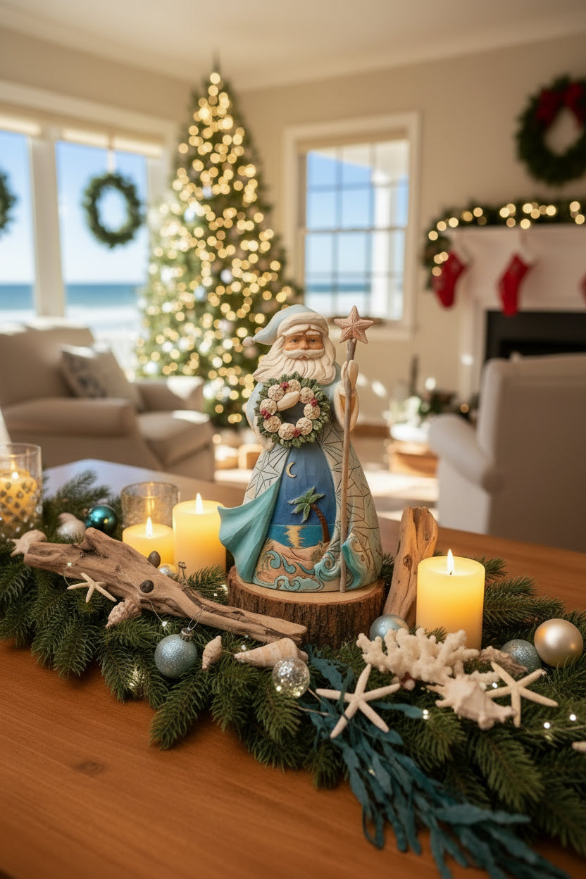 Decorative figurine of a beach-themed Santa Claus holding a star and a wreath on a white background.