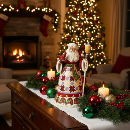 A festive Christmas scene in a living room with a decorated fireplace, glowing Christmas tree, and a ceramic Santa Claus figurine standing on a white table runner. The figurine is dressed in a red and green patterned robe with a white beard and holds a staff and candle.