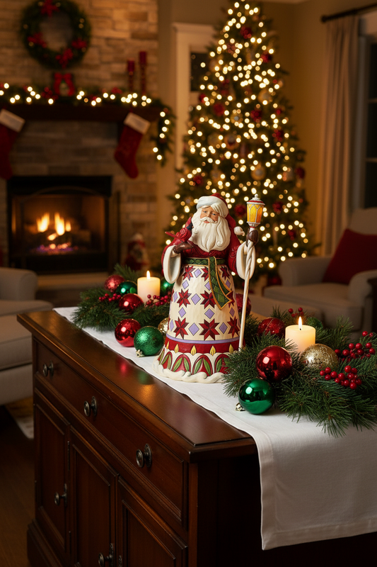 A festive Christmas scene in a living room with a decorated fireplace, glowing Christmas tree, and a ceramic Santa Claus figurine standing on a white table runner. The figurine is dressed in a red and green patterned robe with a white beard and holds a staff and candle.