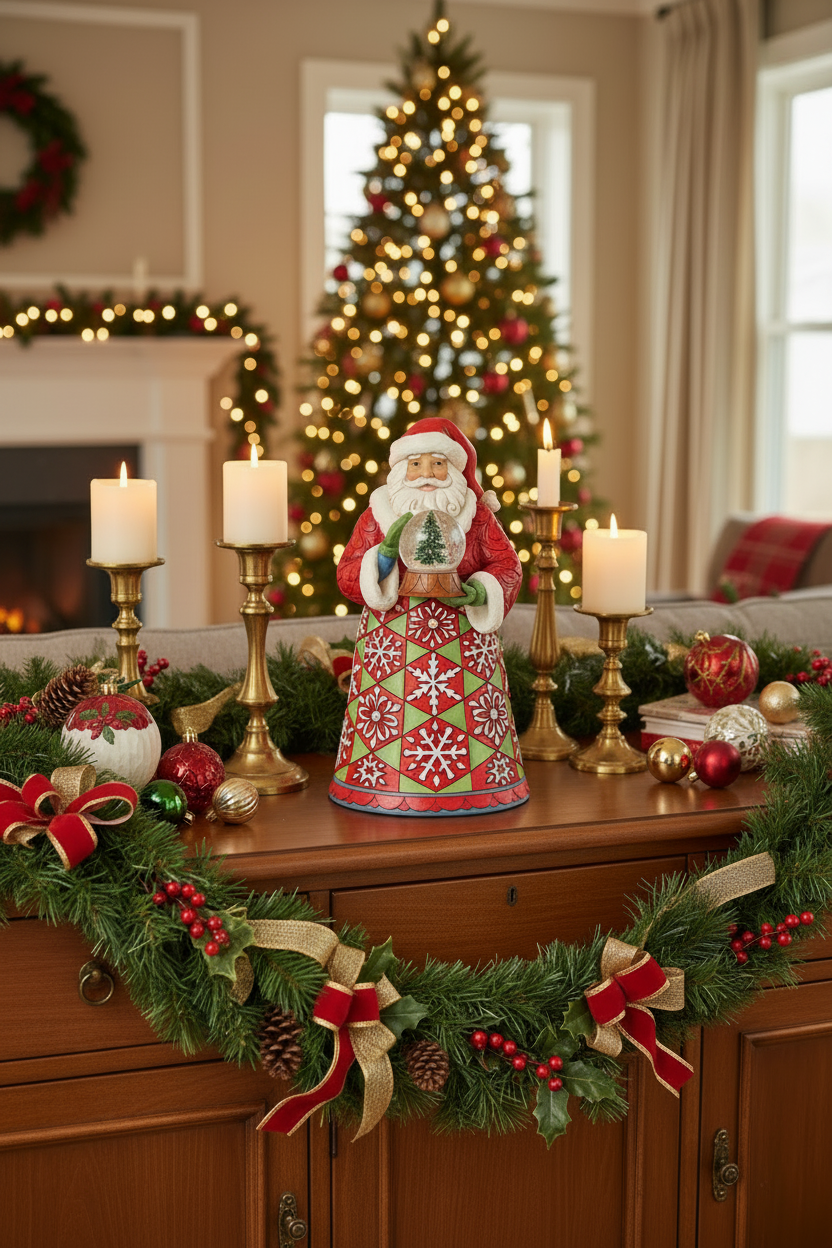 A ceramic Santa Claus bell decorated with red and green holiday patterns, displayed on a wooden mantel with a Christmas garland, candles, ornaments, and a decorated Christmas tree in the background.