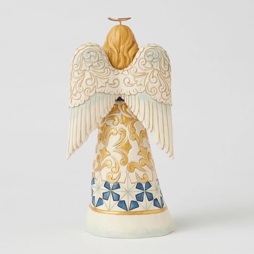 An ornate angel figurine shown from the back, featuring large patterned wings, a halo, and a decorated robe with gold, blue, and white scrollwork on a light gray background.