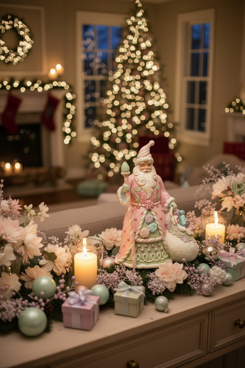 A festive Christmas holiday scene featuring a pastel Santa Claus figurine holding a sack on a decorated mantel with candles, flowers, ornaments, and gift boxes, with a blurred Christmas tree in the background.