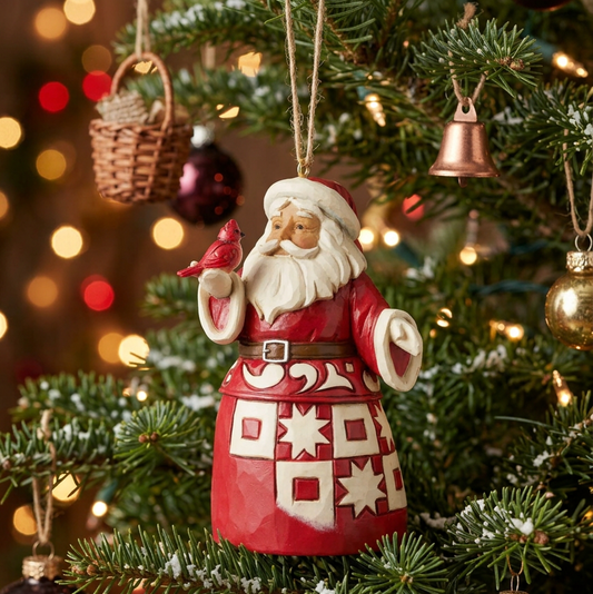 A festive Christmas ornament shaped like Santa Claus hanging on a decorated evergreen tree. The ornament is red with white patterns and a white beard, holding a small red bird.