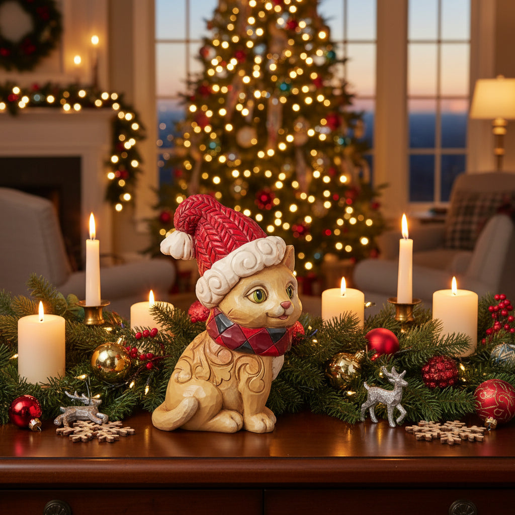 Cat with Santa Hat sitting on a christmas buffet in living room
