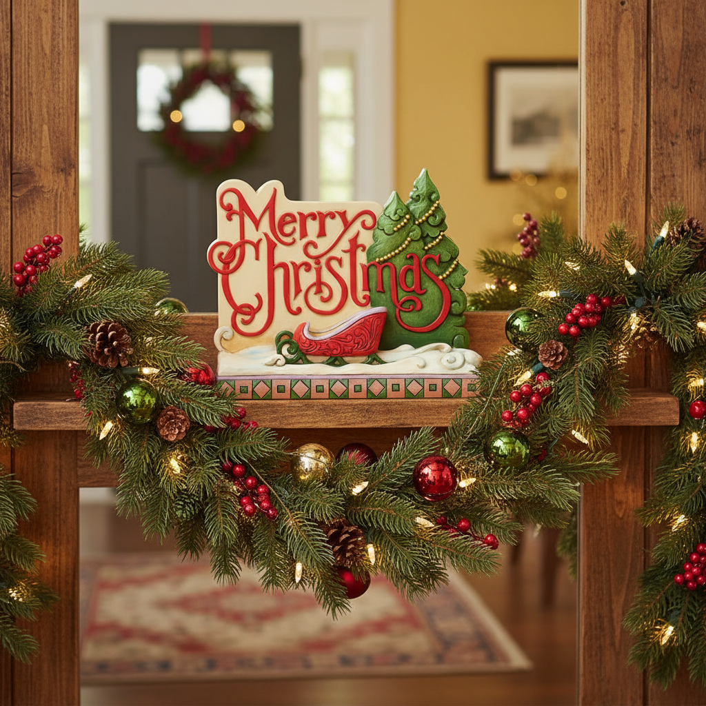 A festive Christmas sign reading “Merry Christmas” in red script, displayed on a wooden door frame and wrapped in green garland with red berries, pinecones, ornaments, and warm string lights.