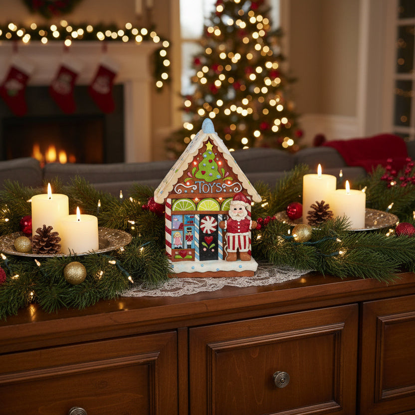 A gingerbread-style decorative house ornament labeled 'Toys' with a Santa Claus figure standing beside it, shown on a plain white background.