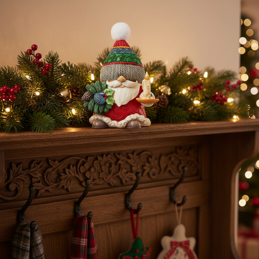A festive Christmas gnome figurine sits on a carved wooden mantel decorated with green garlands, red berries, pinecones, and warm white string lights. The gnome wears a knit green and red hat with a white pom-pom, a white beard, and a red coat, holding a small gingerbread cookie.