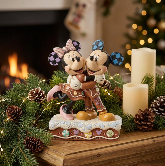 A Disney Mickey and Minnie Mouse Christmas ornament figurine standing on a decorated wooden mantel with pine branches, pinecones, and lit candles in a cozy holiday setting.