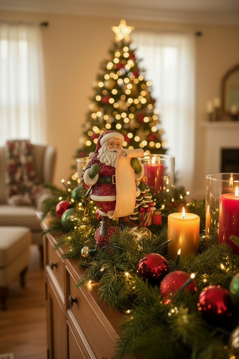 A festive Christmas scene with a Santa Claus figurine holding a scroll on a decorated table runner, surrounded by green garland, red ornaments, lit candles, and a blurred Christmas tree in the background.
