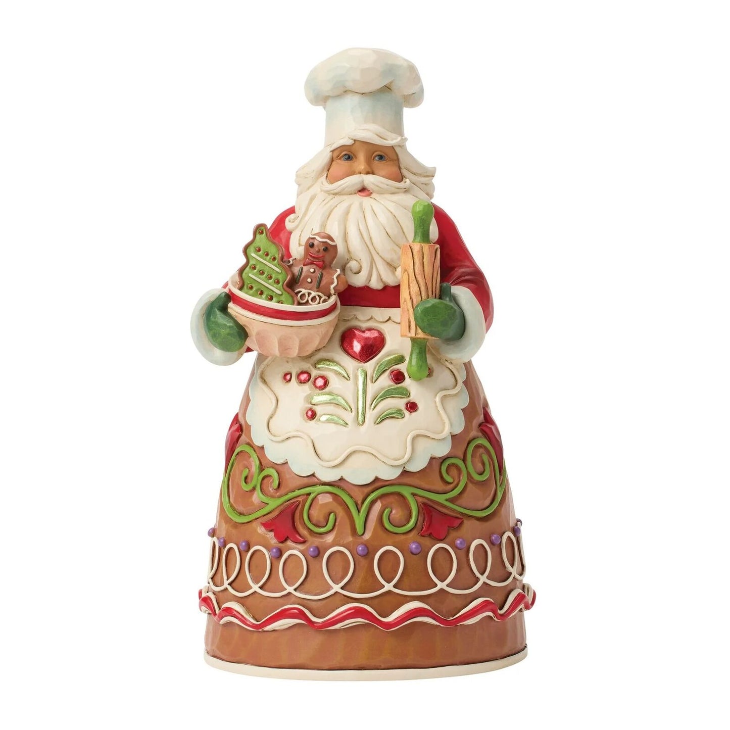 Decorative figurine of a chef Santa Claus holding a heart and a basket on a white background