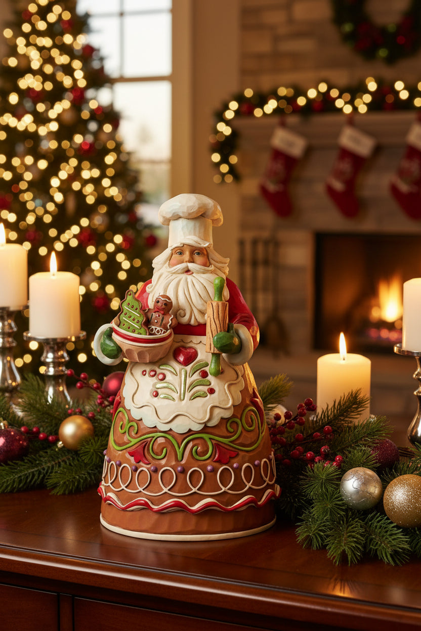 Decorative figurine of a chef Santa Claus holding a heart and a basket on a white background