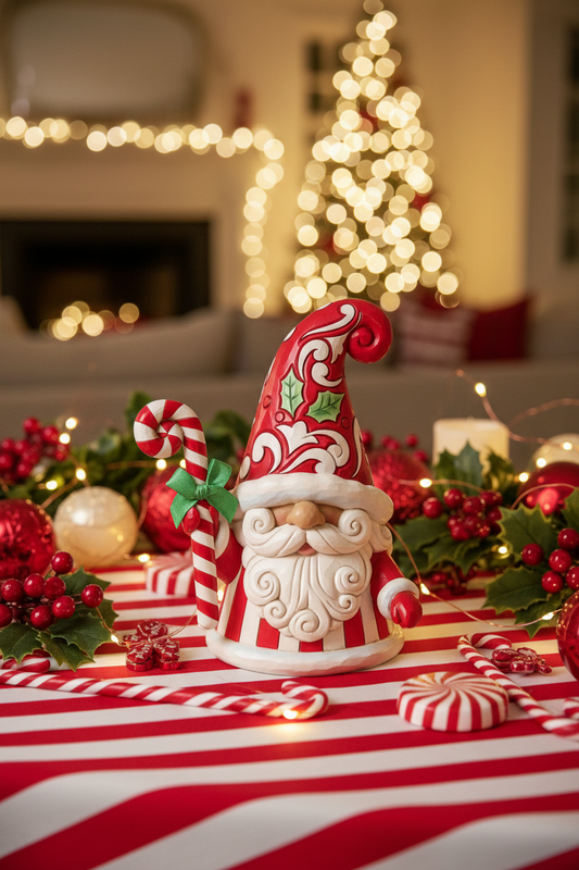 A festive Christmas table setting featuring a red and white striped ceramic Santa ornament in the center, surrounded by candy canes, red berries, green holly leaves, and warm string lights in the background.