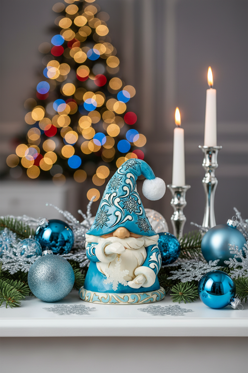 A decorative gnome figurine in blue and cream sits on a holiday mantel surrounded by blue ornaments, silver pine branches, white candles, and a blurred Christmas tree in the background.