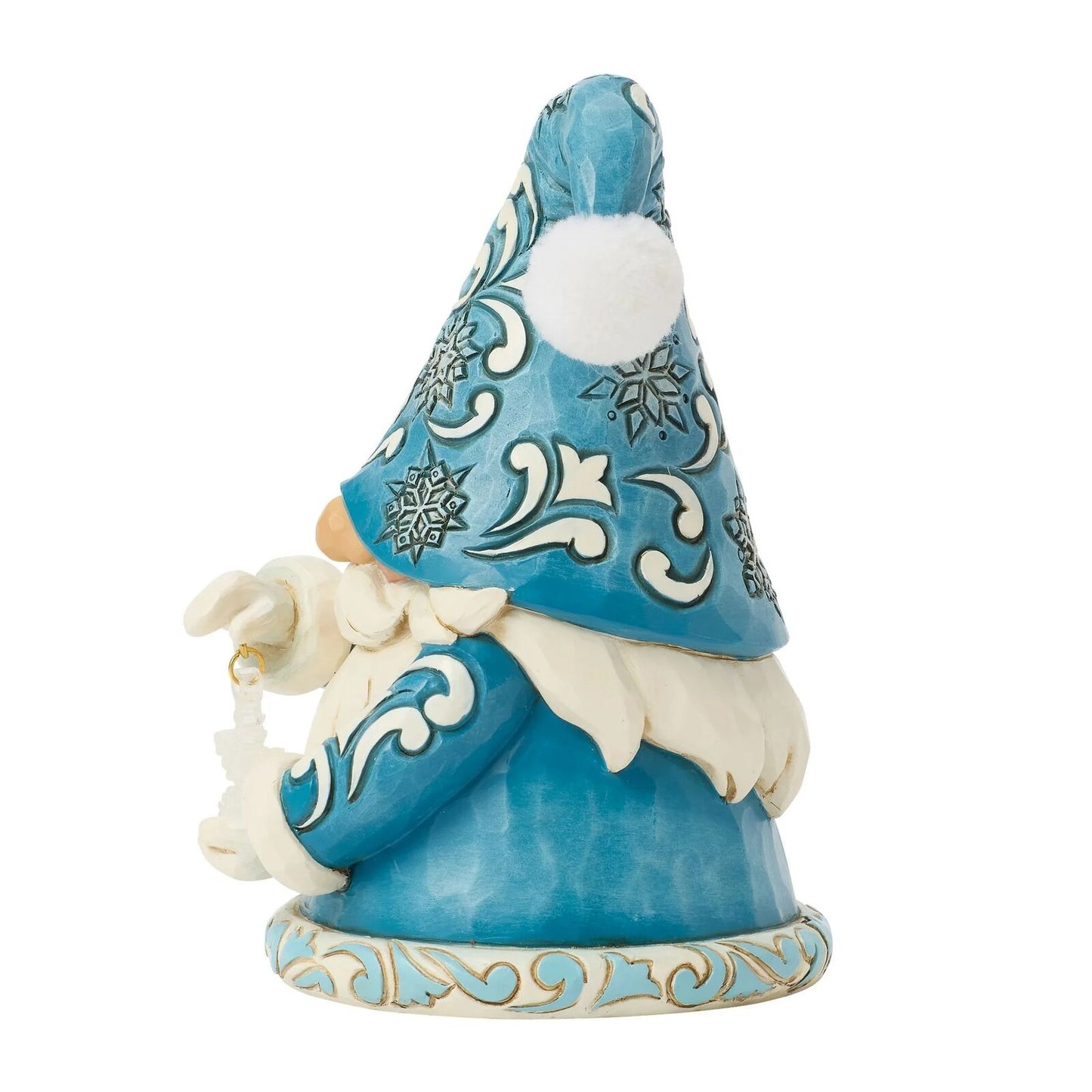 Decorative gnome figurine with blue hat and outfit on a white background