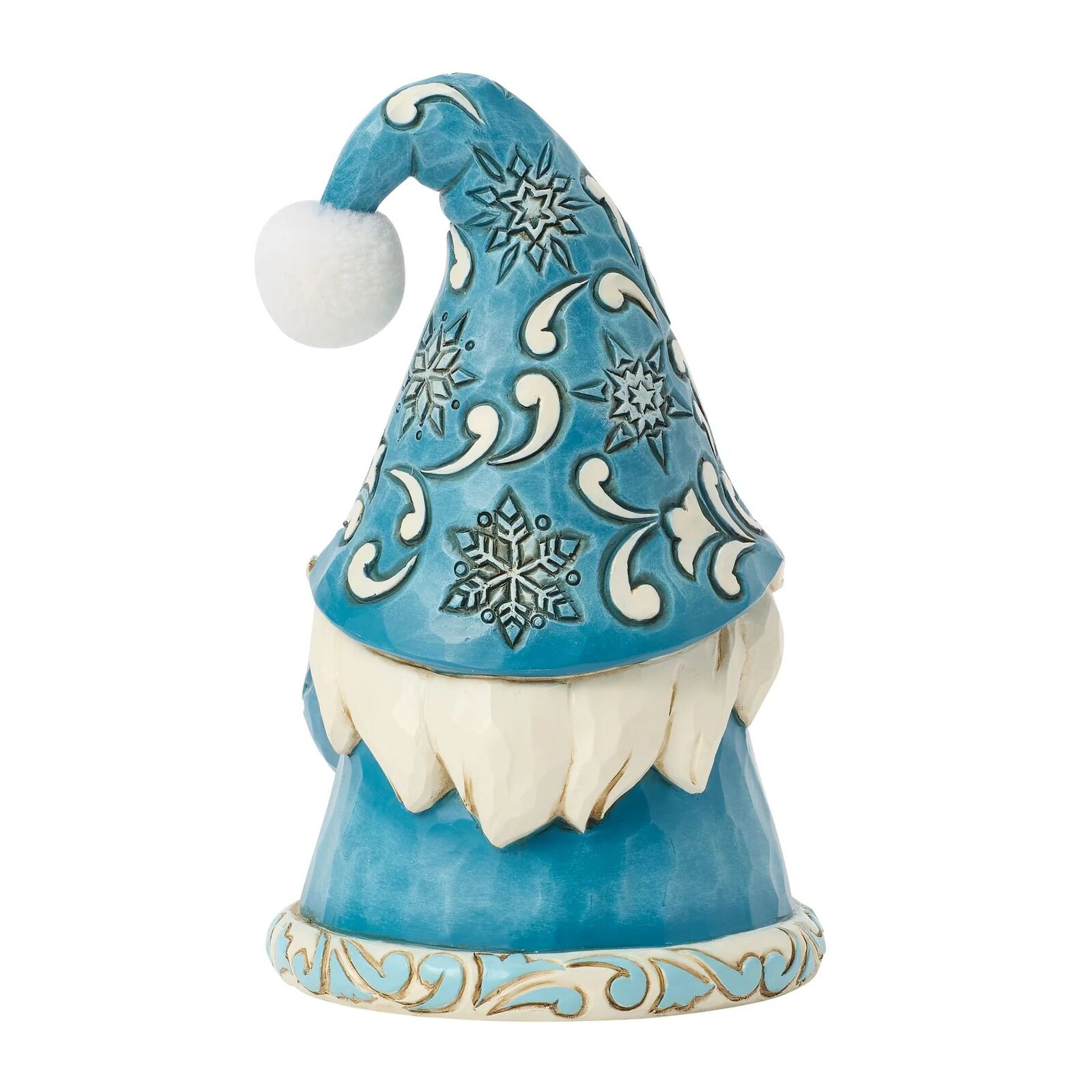 Decorative gnome figurine with blue hat and beard on a white background