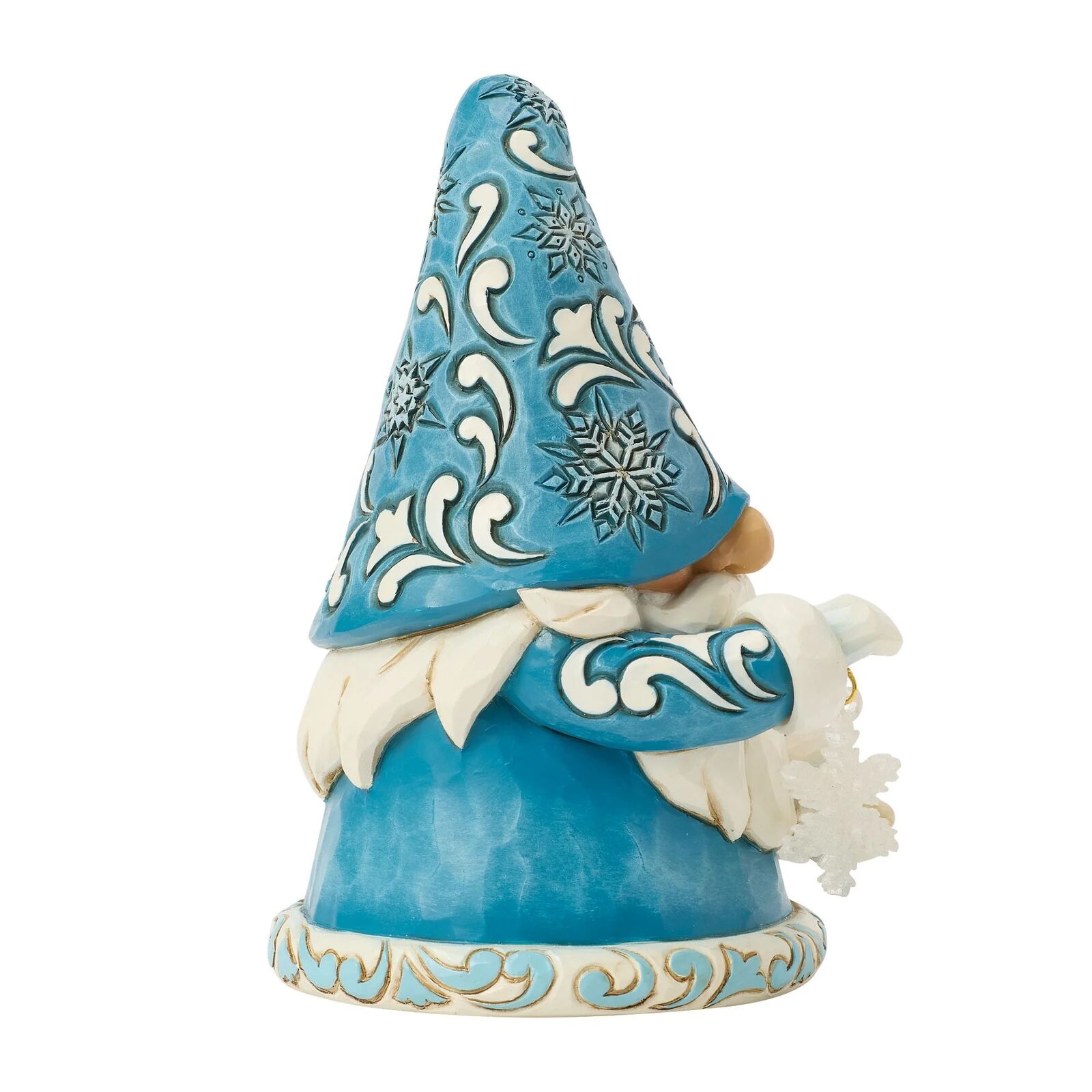 Decorative gnome figurine with blue hat and outfit on a white background