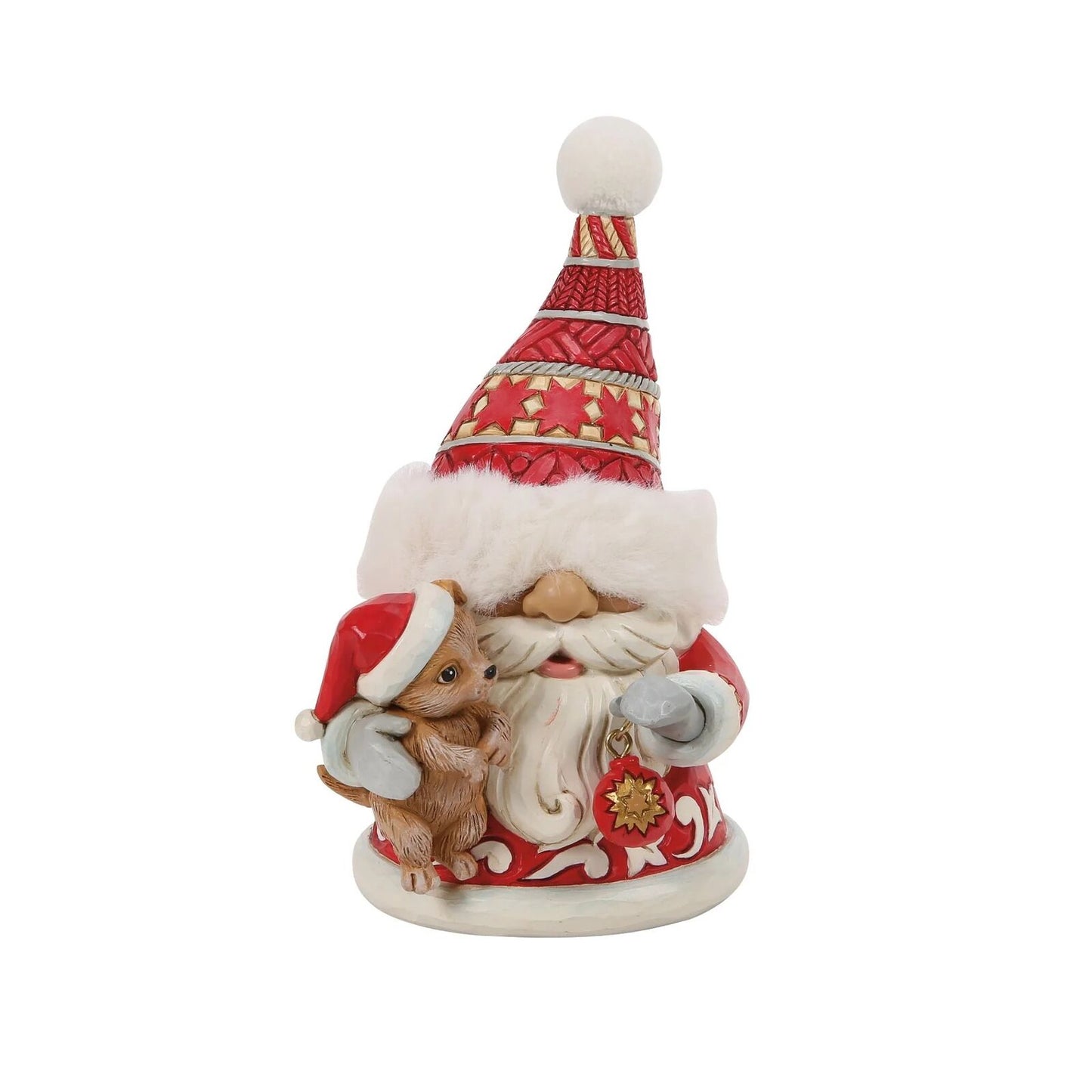 Decorative gnome figurine with a red hat and white beard, holding a small mouse, on a white background.