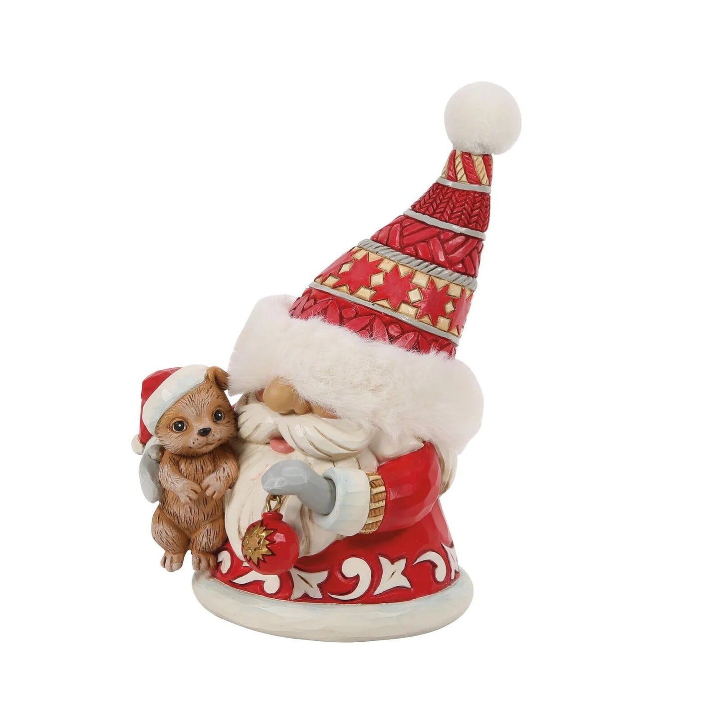 Decorative gnome figure with a red hat and white beard, holding a small dog, on a white background.