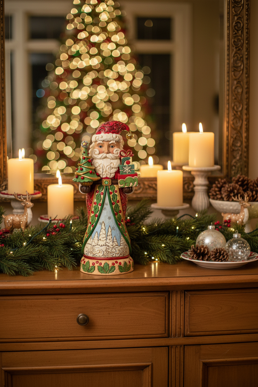 A festive Christmas Santa Claus figurine displayed on a wooden cabinet, surrounded by lit candles, evergreen garlands, pinecones, and ornaments, with a blurred, warmly lit Christmas tree in the background.