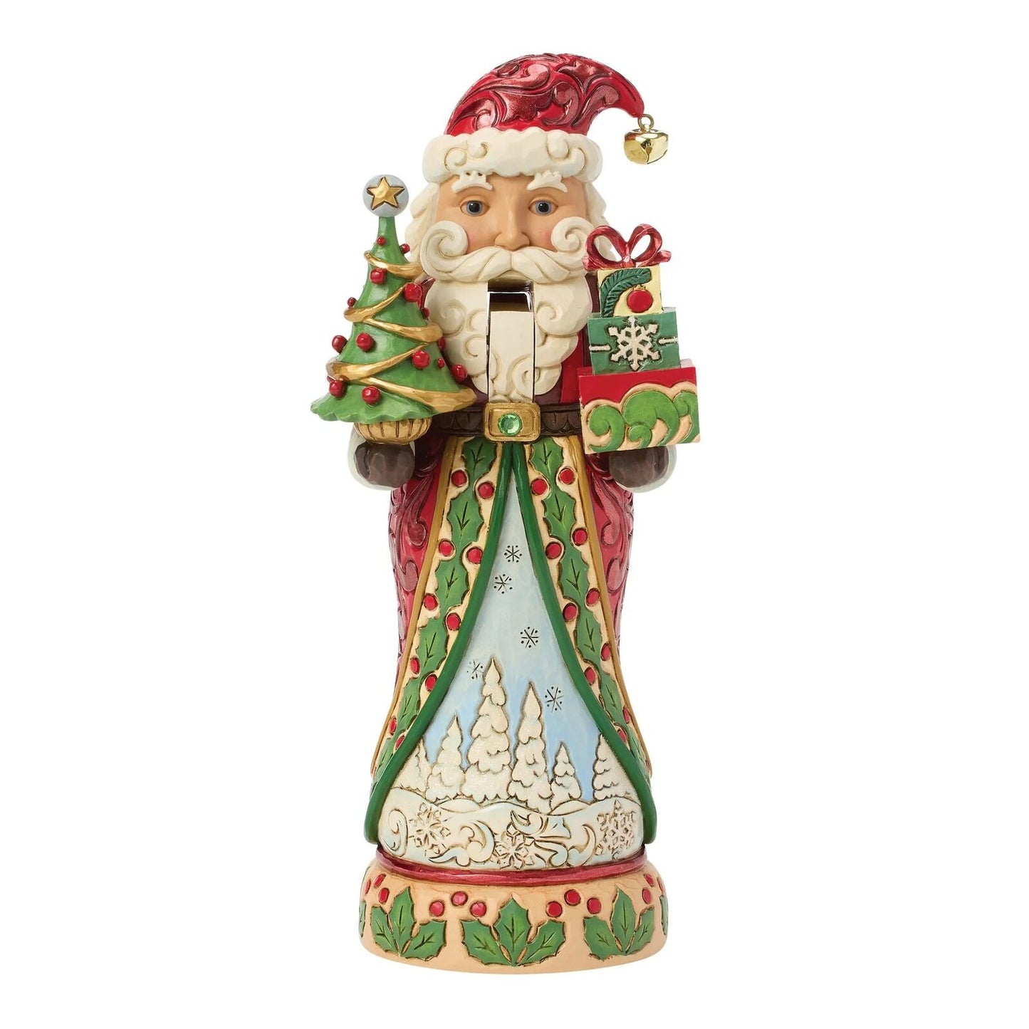 A Santa Claus figurine holding a small decorated Christmas tree and a wrapped gift, with a rectangular slot in the center of his coat, shown on a plain white background.