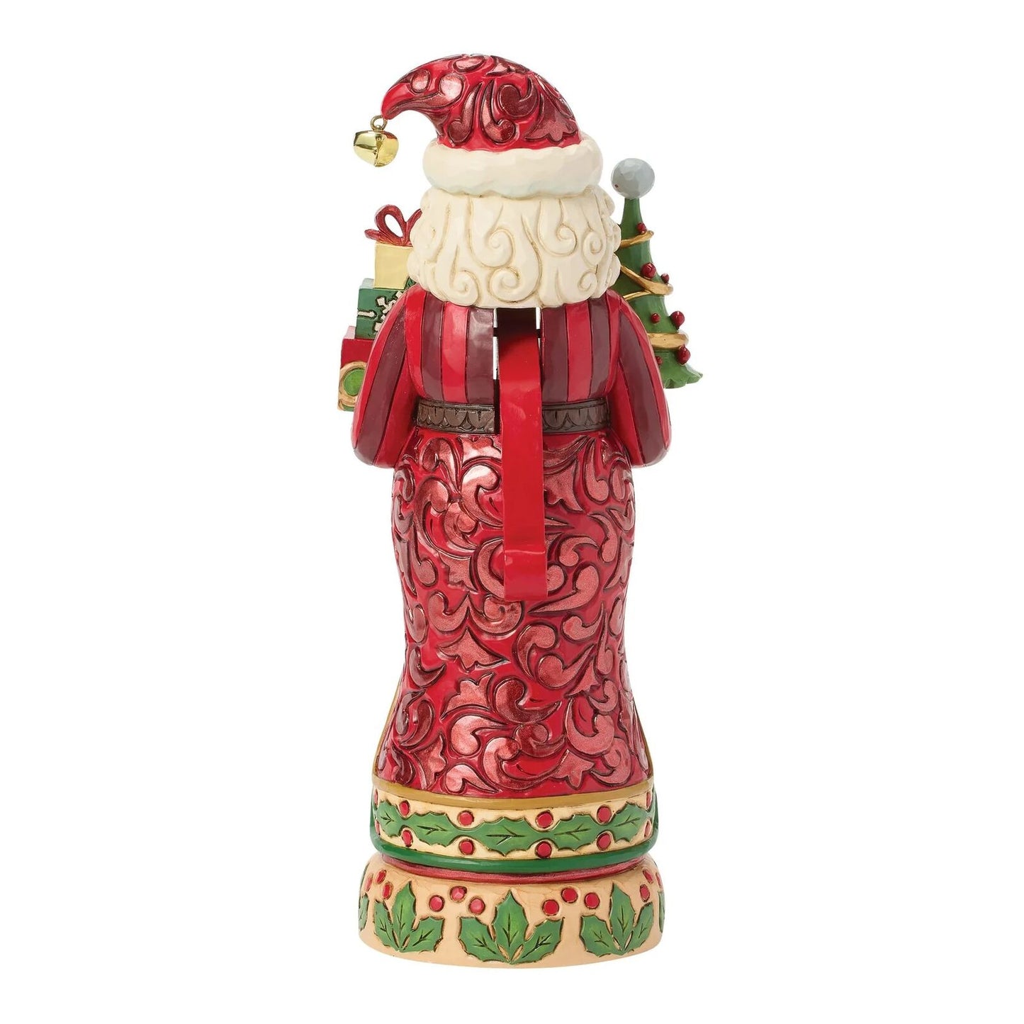 A Santa Claus figurine shown from the back, wearing a red patterned coat, white beard, and red hat with a small gold bell, holding wrapped gifts and a small tree against a plain white background.