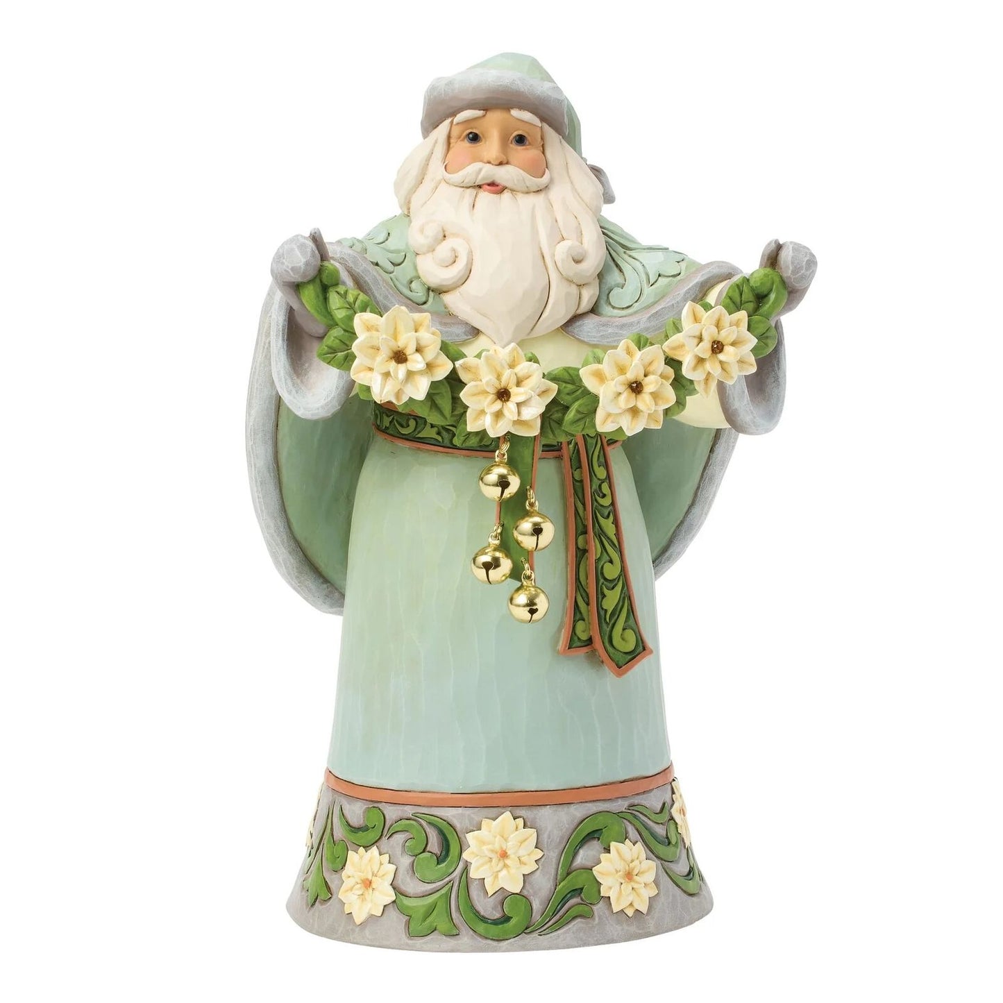 Decorative figurine of a bearded man with a floral garland on a white background