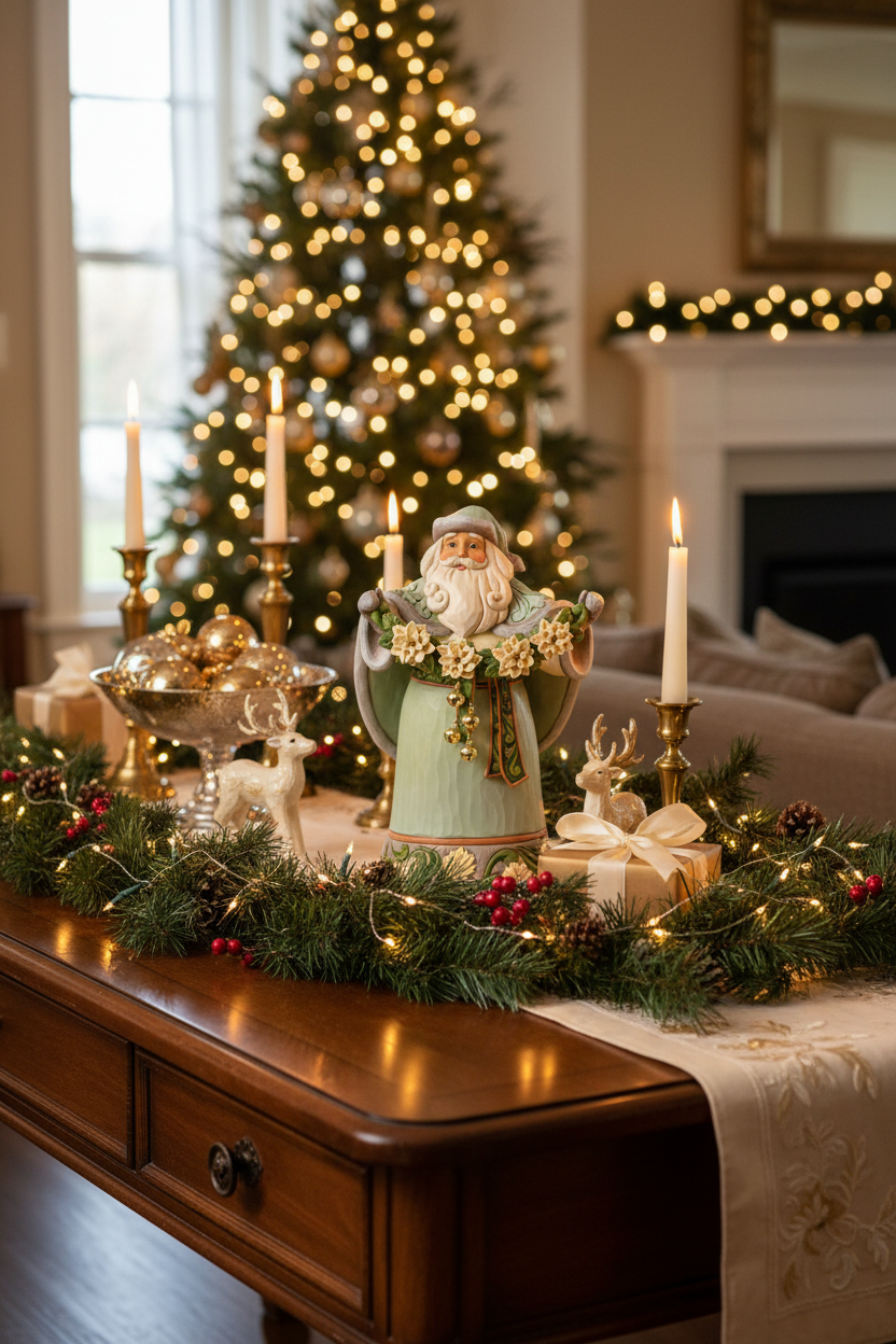A festive holiday table setting in a living room, featuring a Santa Claus figurine holding a wreath, surrounded by lit candles, pine garland with warm fairy lights, red berries, wrapped gifts, and a decorated Christmas tree in the background.