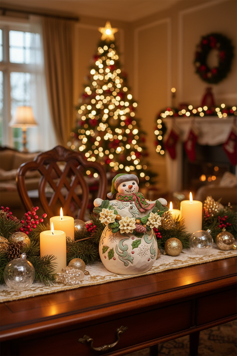 A festive Christmas table setting in a warmly lit living room, featuring a ceramic snowman figurine, lit pillar candles, pine branches, red berries, and gold ornaments in front of a decorated Christmas tree and fireplace.
