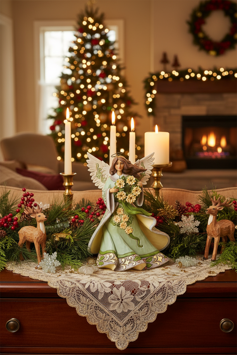 An angel figurine with wings, holding a bouquet of yellow and white flowers, wearing a light green and cream gown with decorative floral patterns.