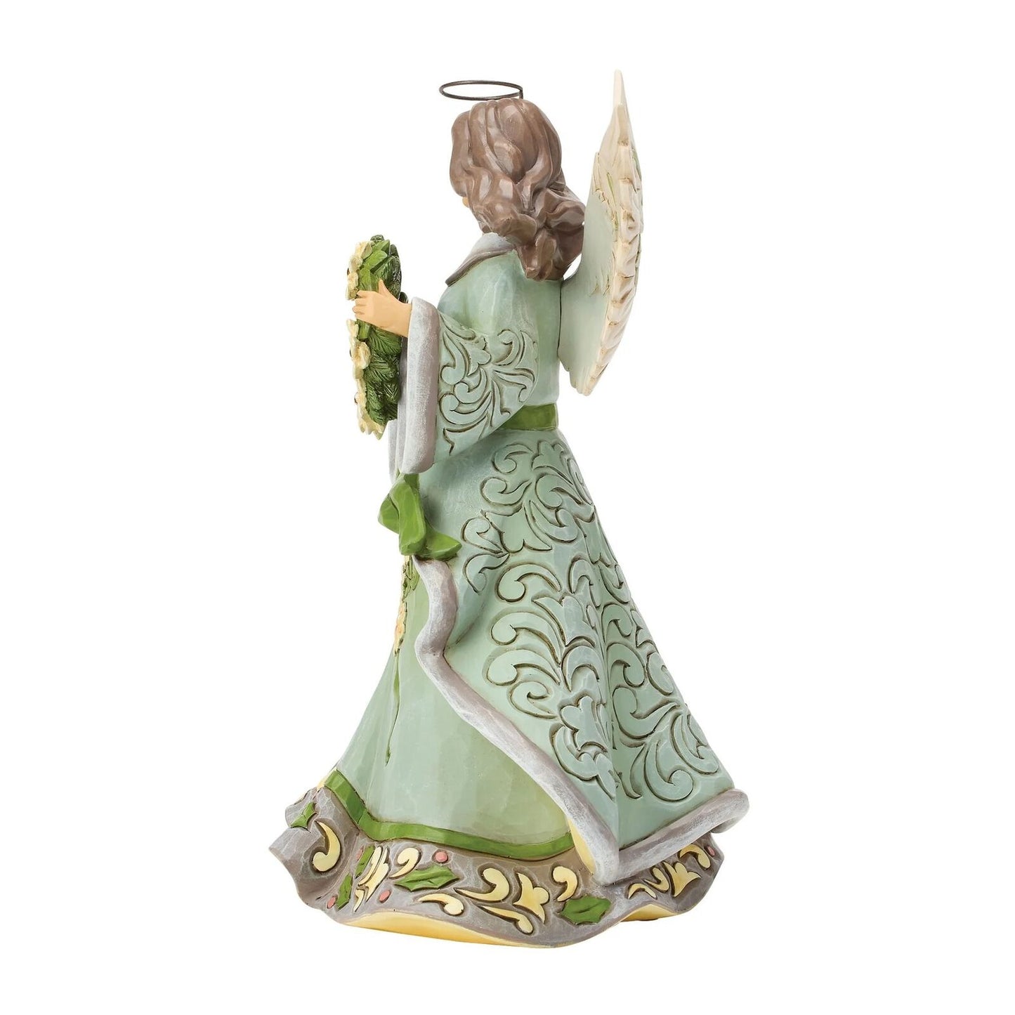 A decorative angel figurine shown from the back, wearing a flowing mint green robe with white and gold scrollwork details, holding a bouquet of green leaves, on a plain white background.