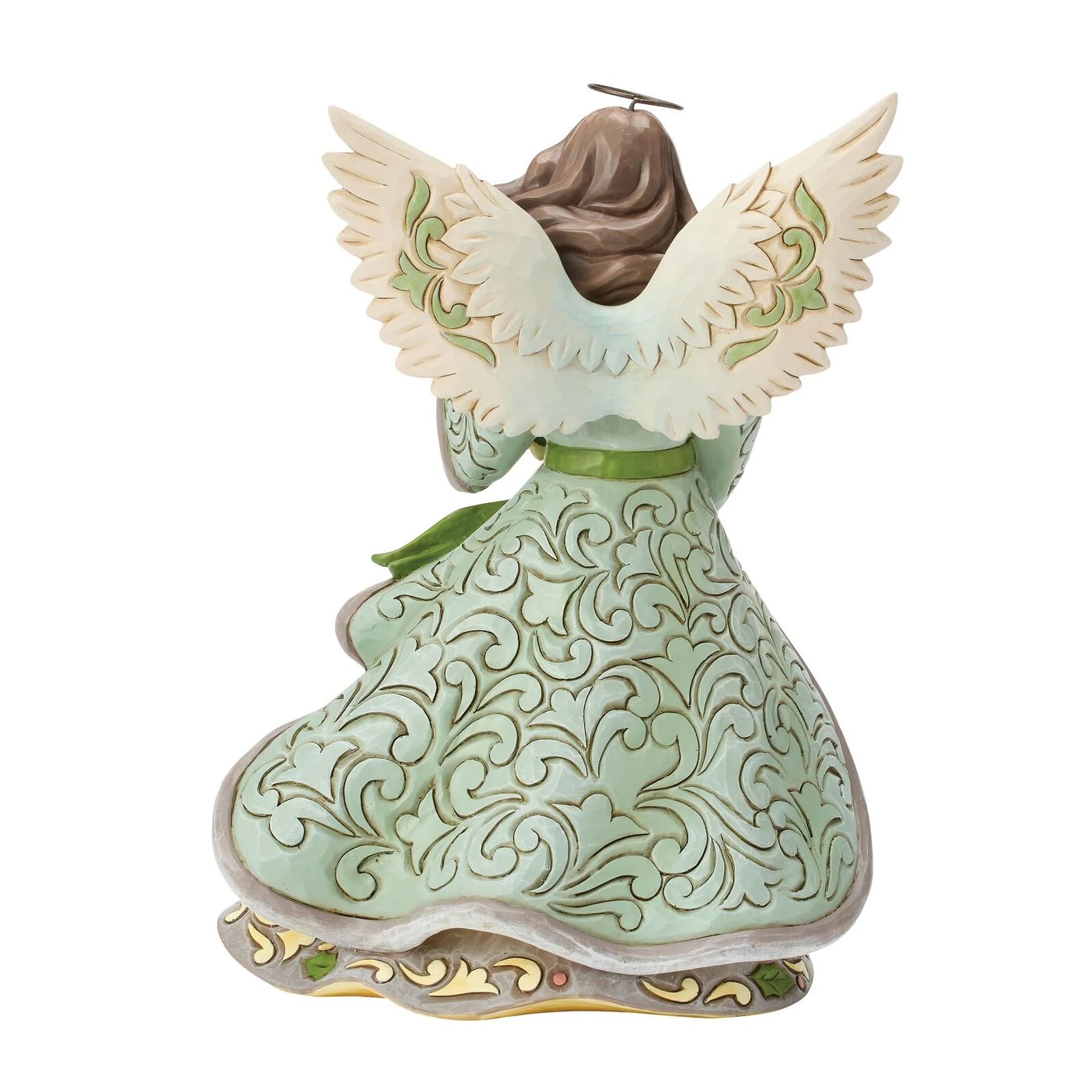An angel figurine shown from the back, featuring cream wings with green leaf details, a brown hair halo, and a flowing mint green dress with gold scrollwork patterns.