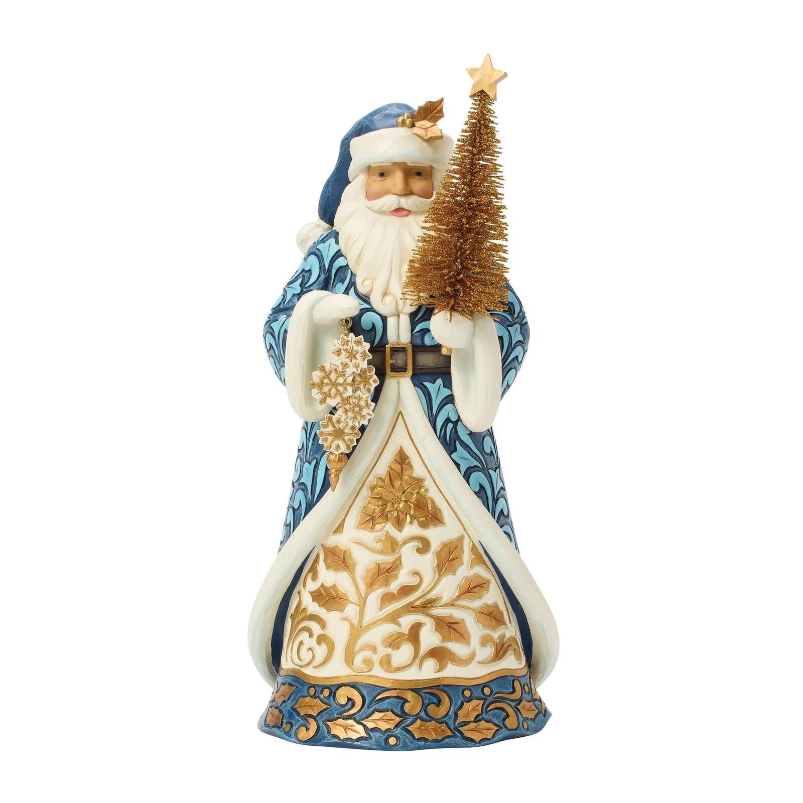 Decorative figurine of a Santa Claus holding a small tree on a white background