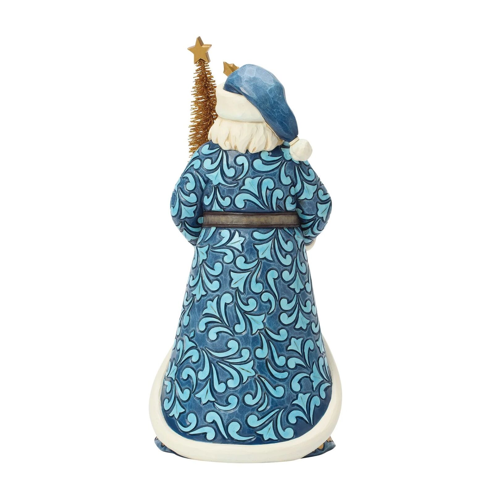 Decorative figurine of a person wearing a blue patterned coat with a small tree on a white background