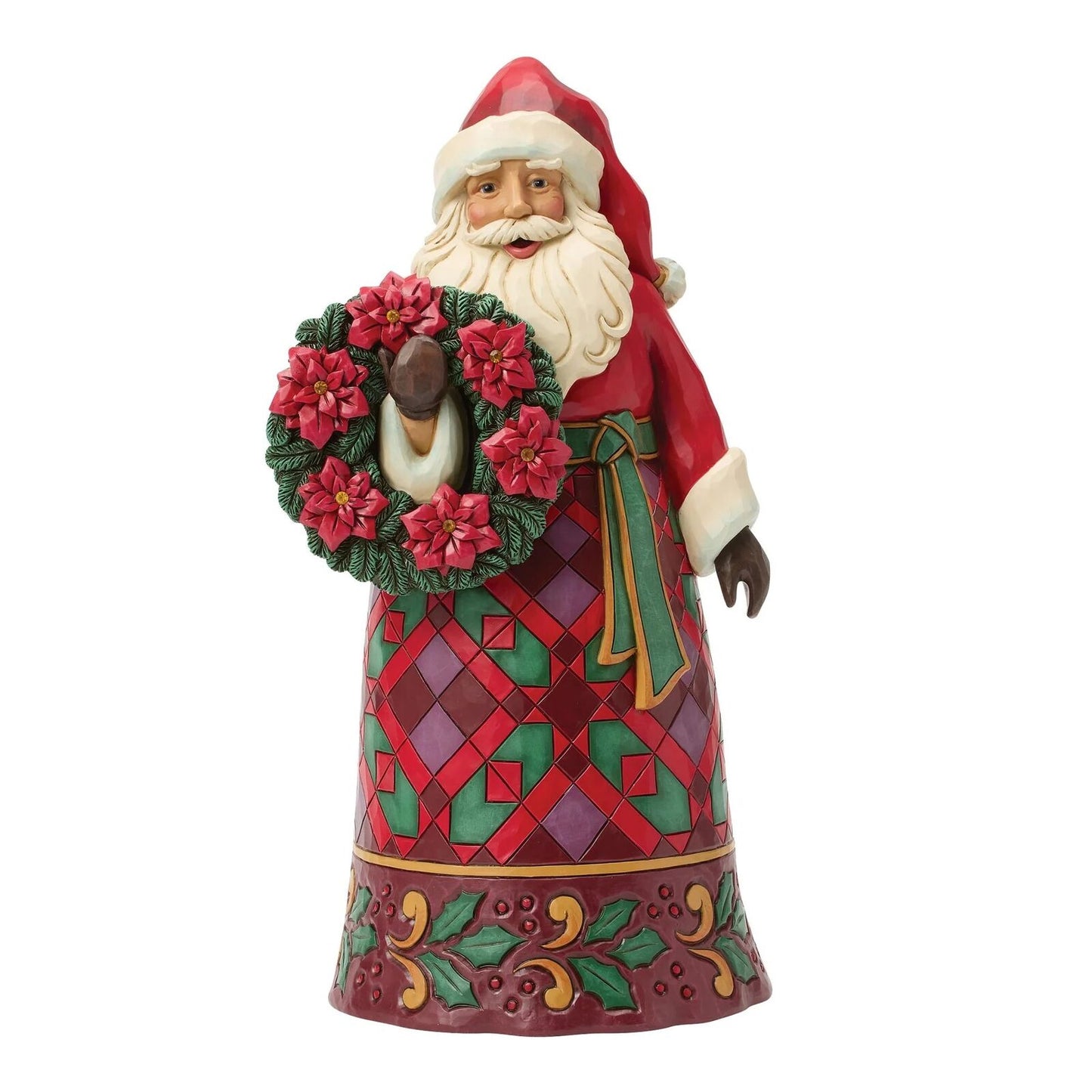 Decorative Santa Claus figurine with a wreath on a white background