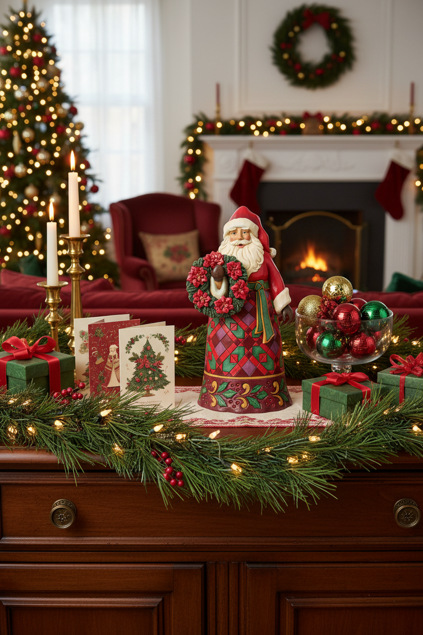 Santa Holding  A wreath on a buffet