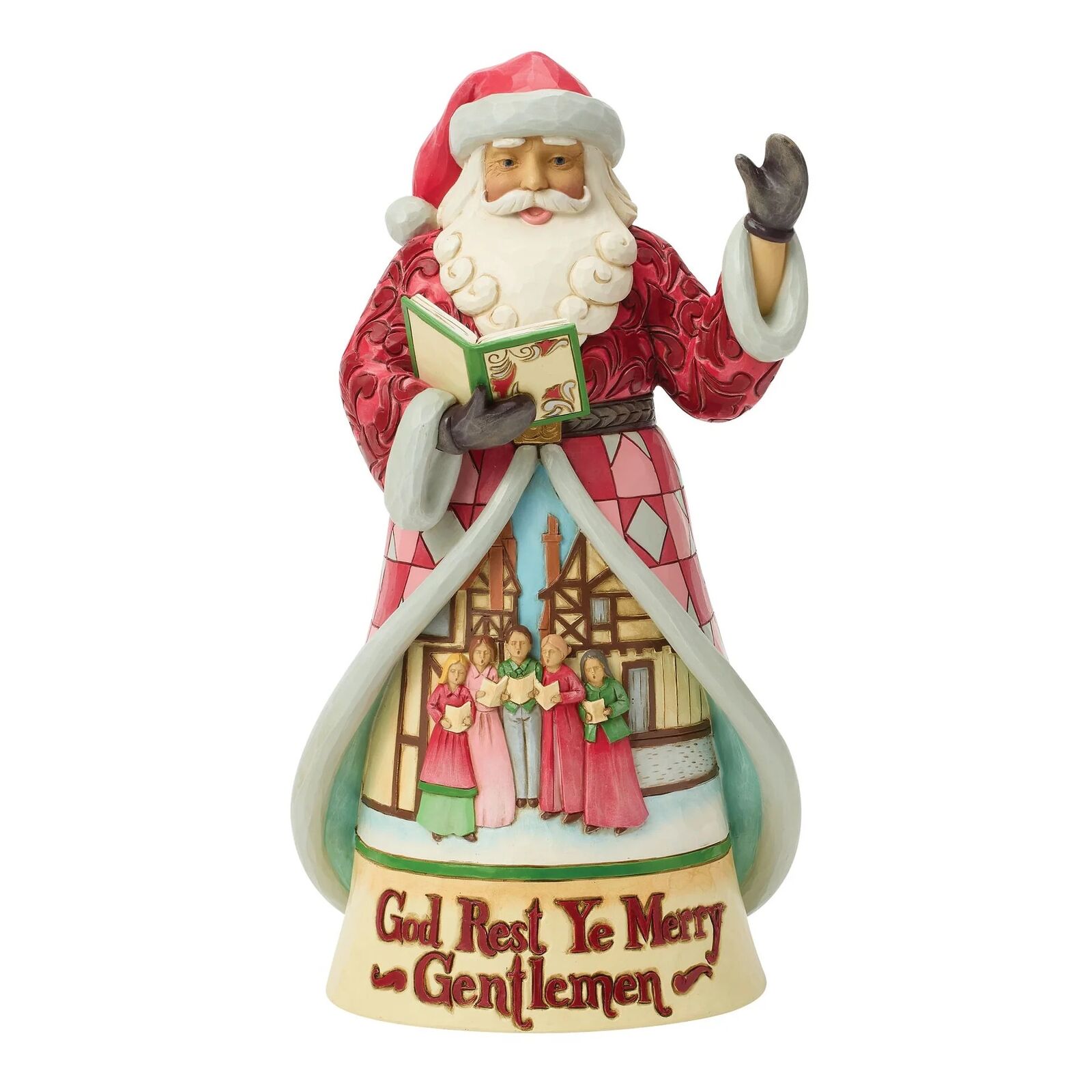 Santa Claus figurine with a book and Carolers scene on a white background