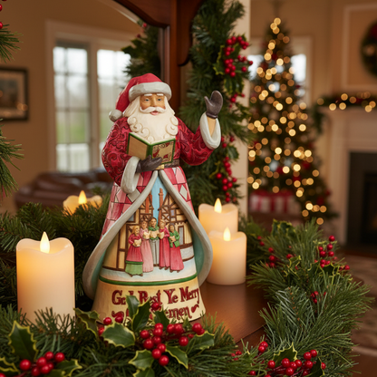 A Santa Claus ceramic figurine holding a green book stands on a decorated Christmas tree cabinet in a warmly lit living room. The figurine is surrounded by a green garland with red berries and white candles, with a blurred Christmas tree in the background.