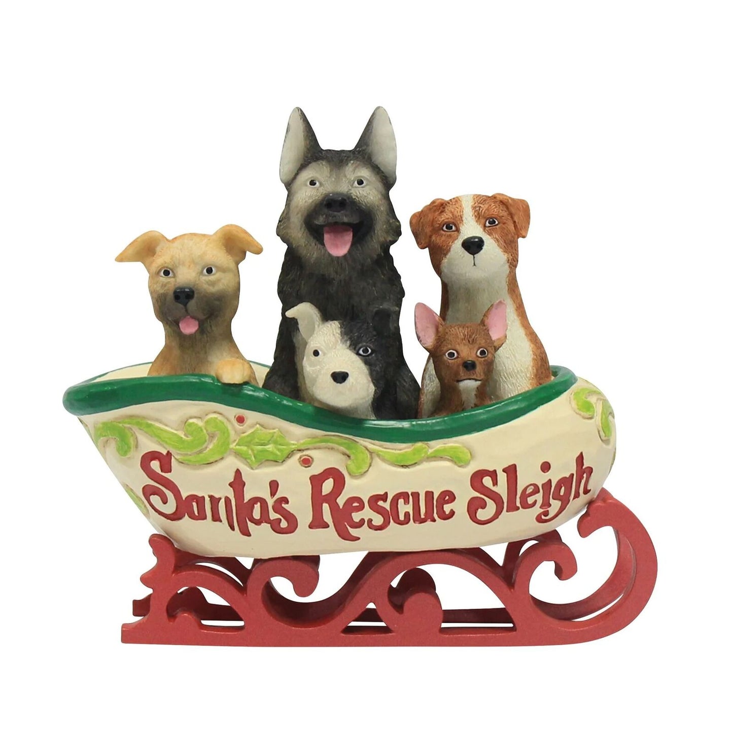 Decorative figurine of a sleigh with dogs labeled 'Santa's Rescue Sleigh' on a white background