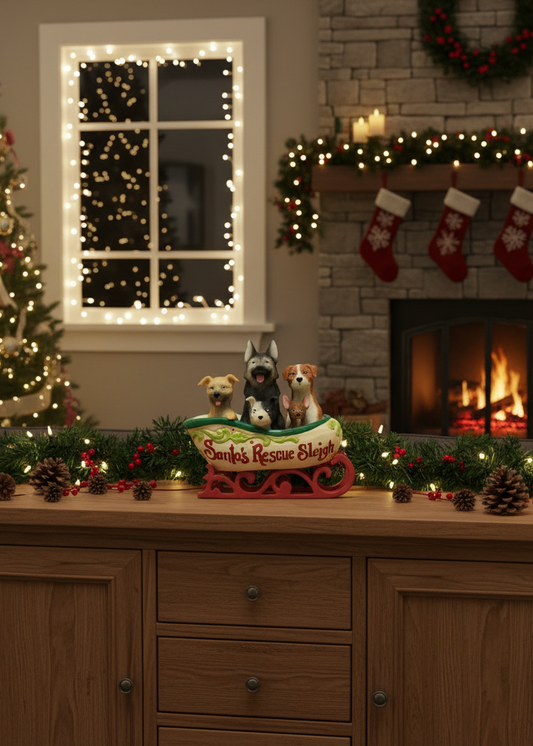 A festive holiday living room scene with a wooden sideboard, Christmas tree, fireplace, stockings, and a small Santa's Rescue Sleigh figurine with three dogs on top. The main sellable subject appears to be the decorative sleigh figurine rather than the whole room.