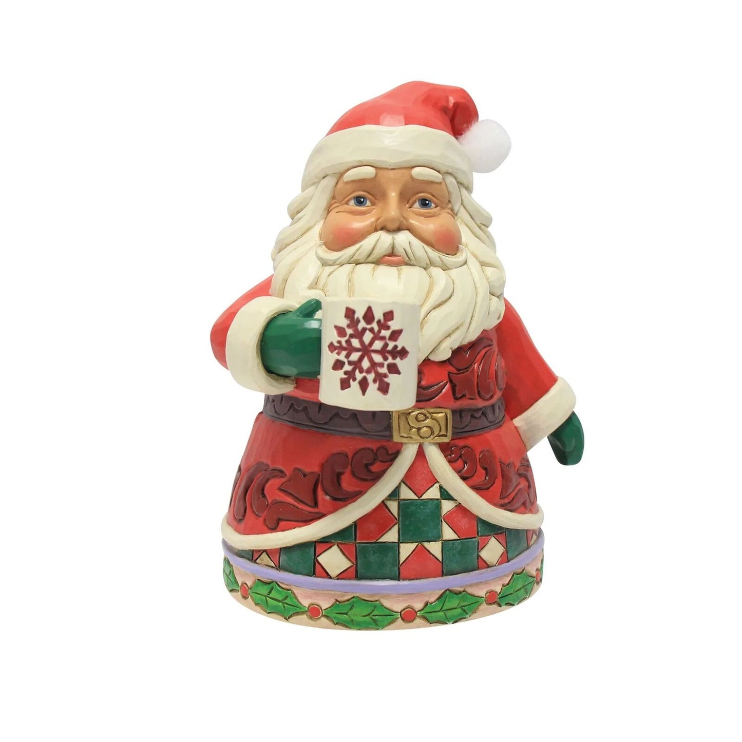 Decorative figurine of Santa Claus holding a mug with a snowflake design on a white background