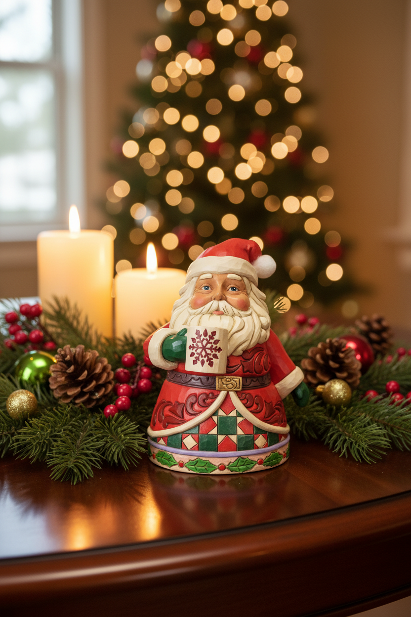 A Santa Claus figurine decorated with a red and green patterned coat, white beard, and a snowflake emblem on the chest, displayed on a wooden table with a holiday garland, pinecones, red berries, and lit candles, with a blurred Christmas tree in the background.